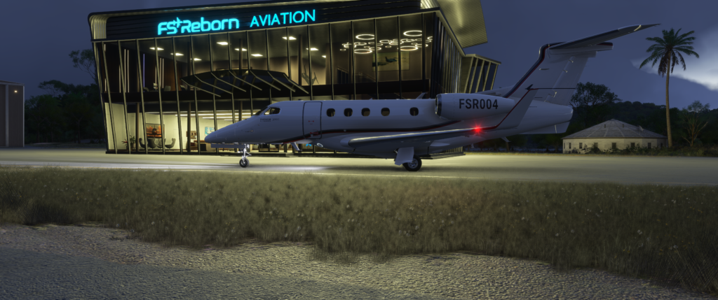 A flight simulator jet parked outside a modern aviation building at dusk.