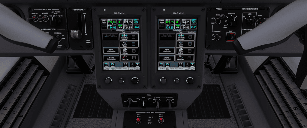 Realistic flight simulator cockpit with advanced avionics and controls for immersive flight training.
