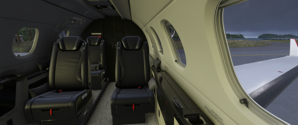 Realistic aircraft cockpit interior with passenger seats and view of runway from window.