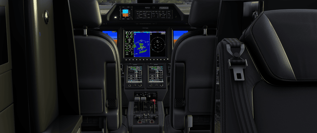 A pilot's view of a modern flight simulator cockpit with advanced avionics and navigation screens.