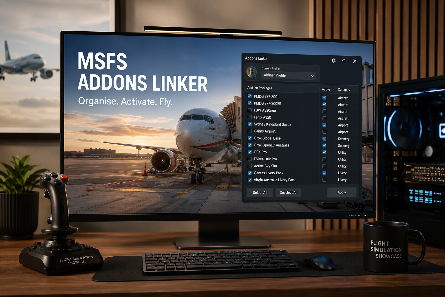 MSFS addons linker on a flight simulation setup with aircraft and gaming equipment.