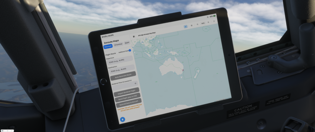 iFly 787MAX. A pilot's view of a flight simulation cockpit with a digital navigation map on the tablet screen.