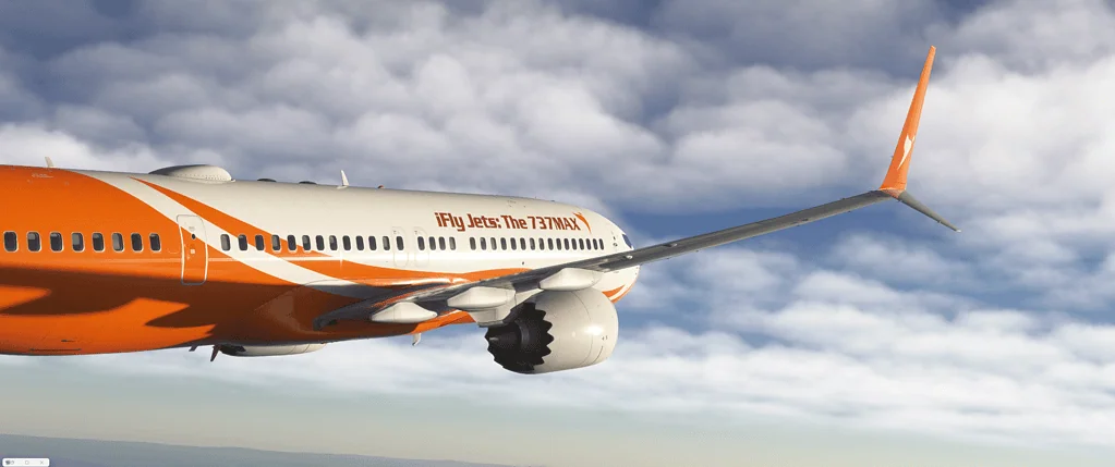 iFly 787MAX flying through a cloudy sky,