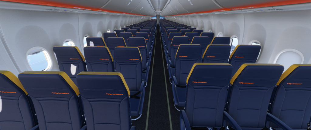 iFly 787MAX. at the gate airplane cabin with multiple rows of blue seats and overhead lighting.