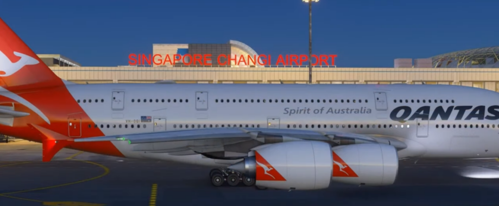 Qantas A380 at Singapore Changi Airport for flight simulation display.
