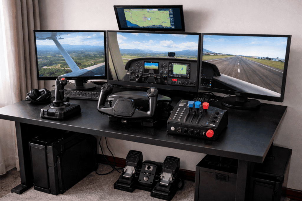 High-end flight simulator cockpit with multiple screens and controls