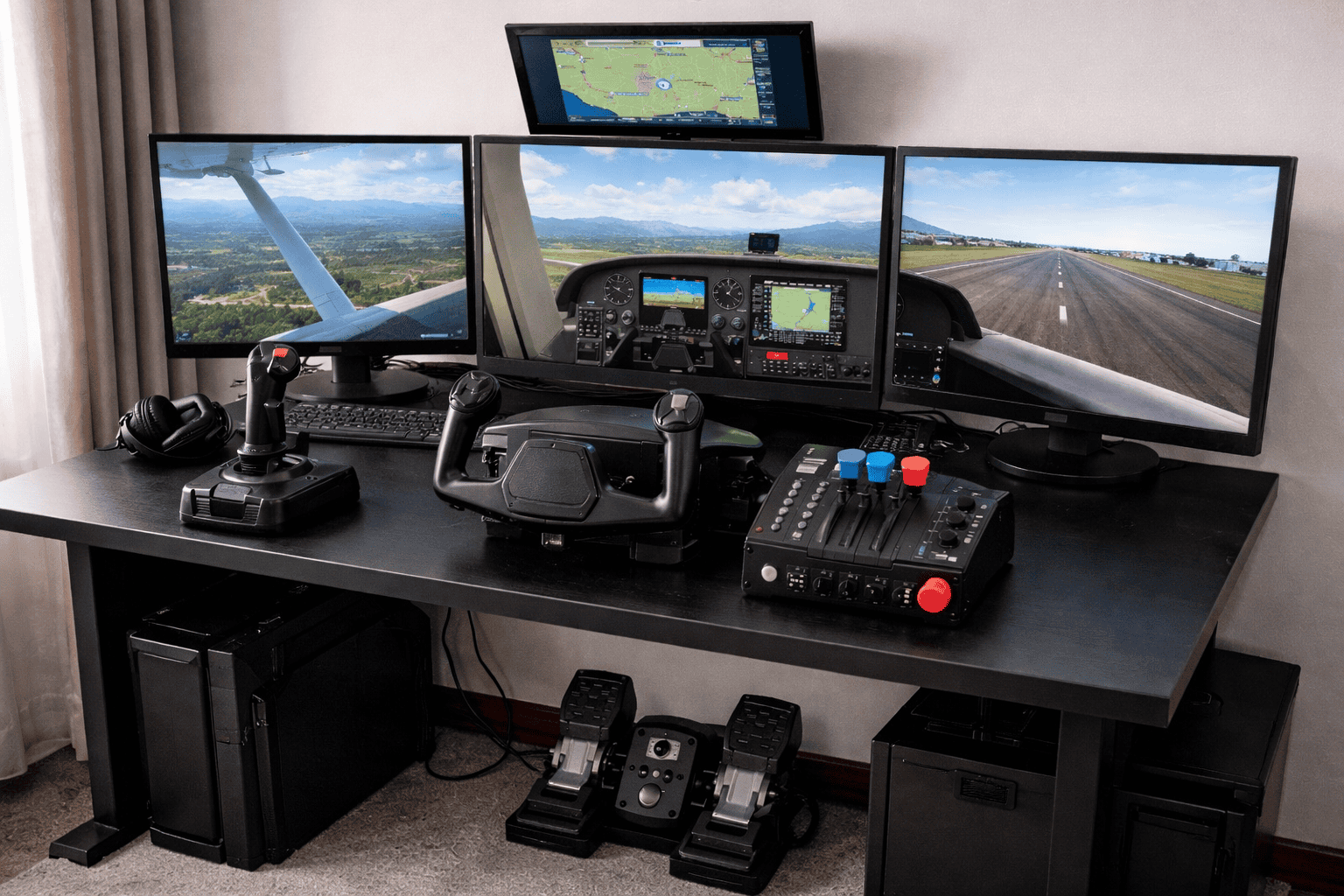 High-end flight simulator cockpit with multiple screens and controls.