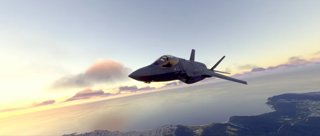Realistic fighter jet flying at sunset over mountains.
