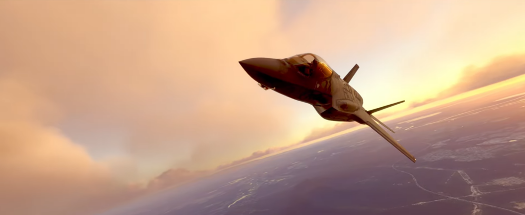 Aircraft in flight over clouds during sunset, showcasing realistic flight simulation.