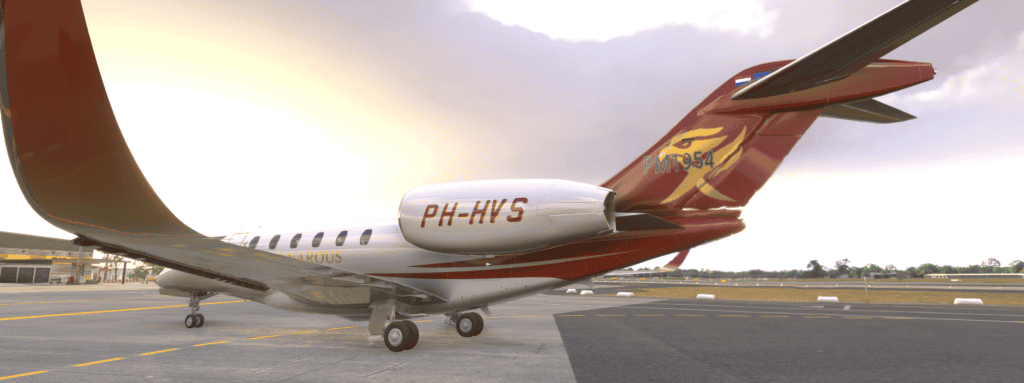 Aircraft at Flight Simulation Showcase with sunset background.