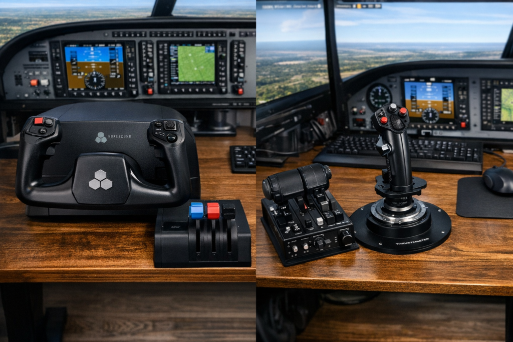 Flight simulation setup on a wooden desk