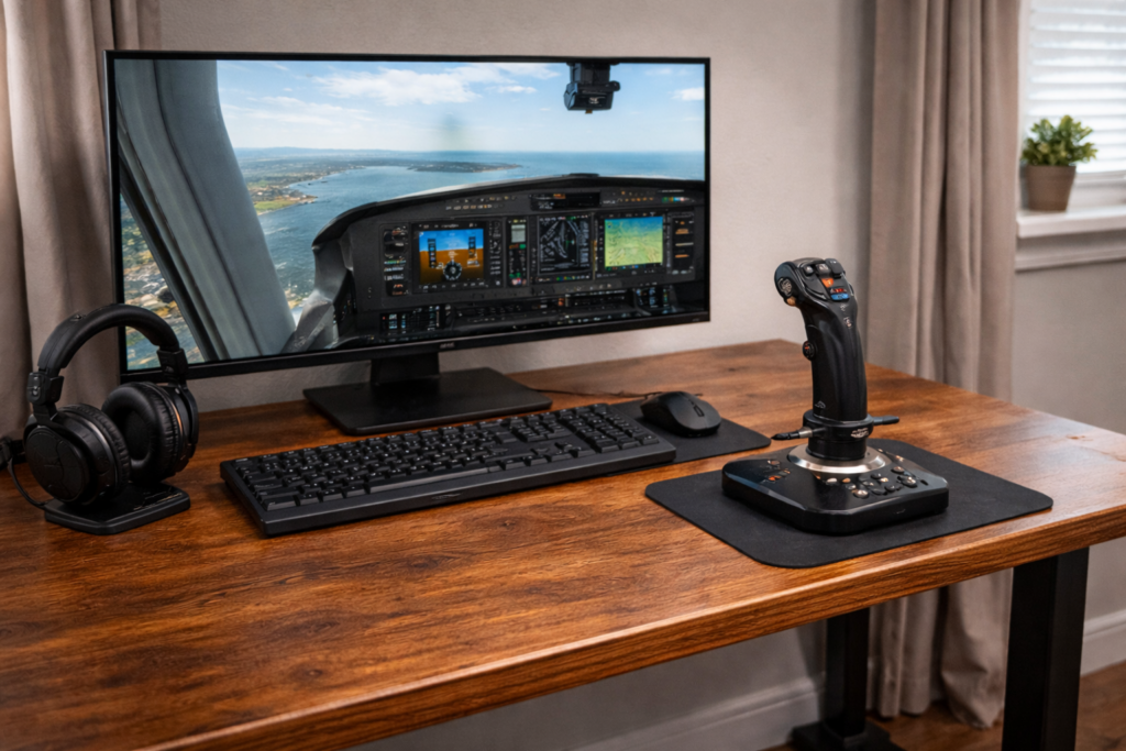 Flight simulator setup on wooden desk