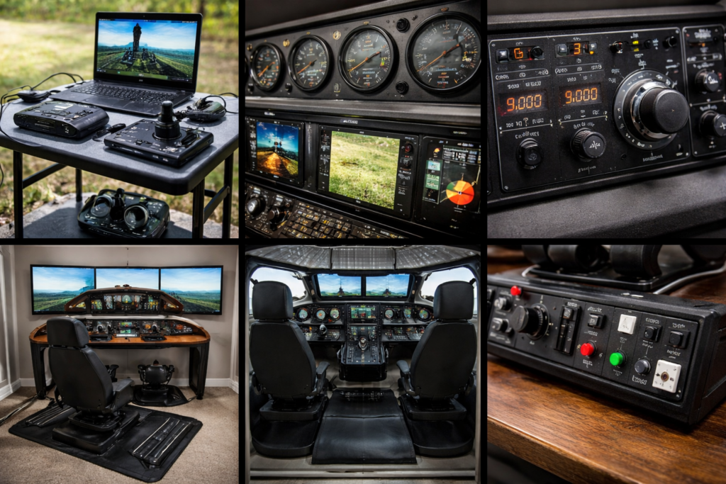 Flight simulator setups and components collage