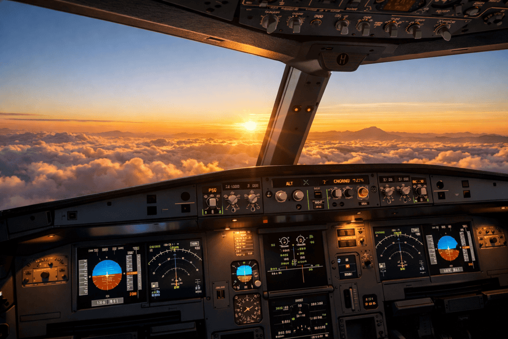 Detailed flight simulator cockpit with sunset view from the pilot's perspective.