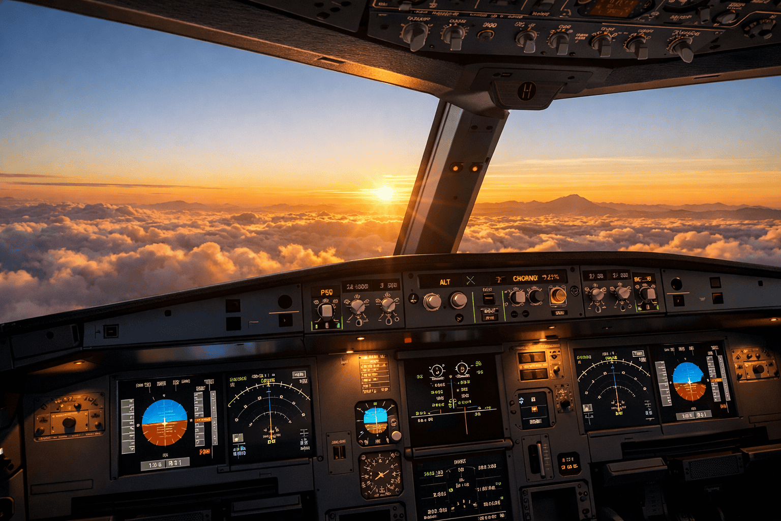 Detailed flight simulator cockpit with sunset view from the pilot's perspective.