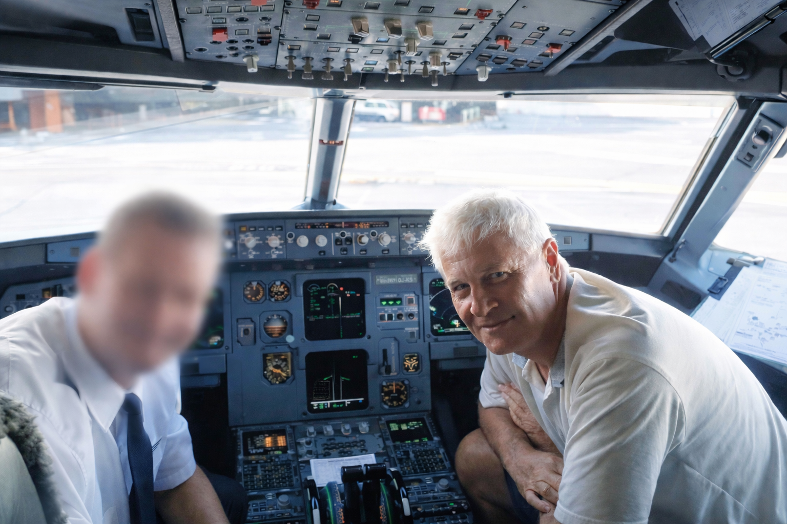 Flight deck of an Airbus with Capatin and myseld. Pete