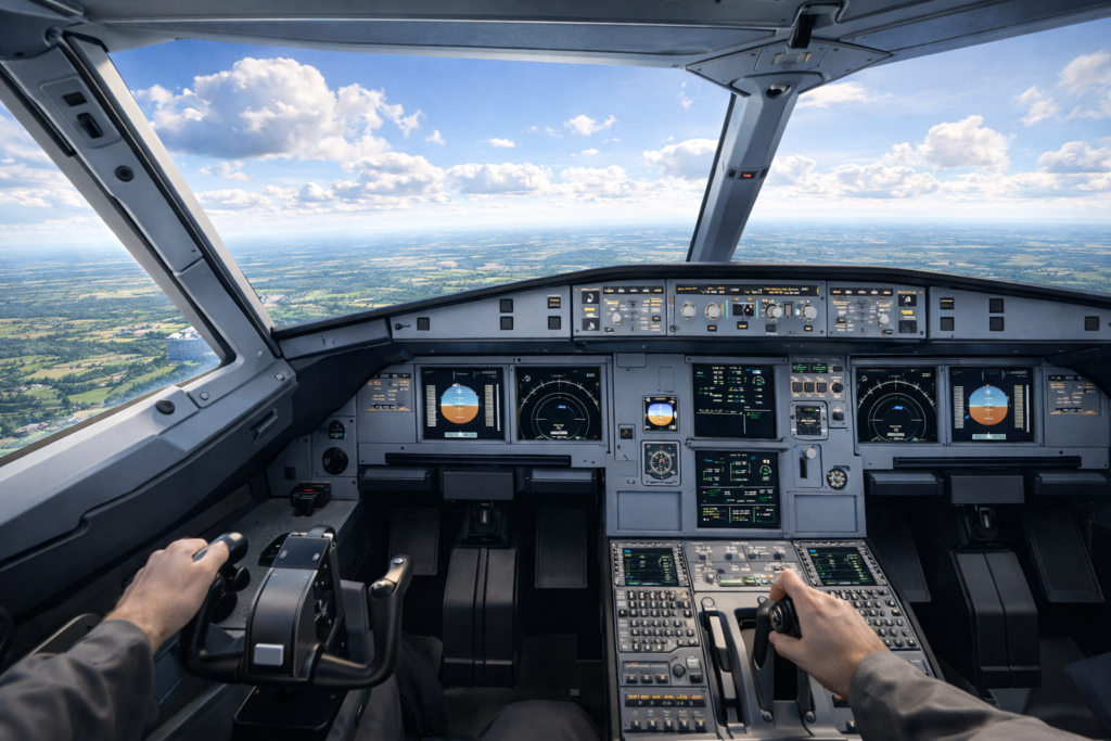 msfs-2024 A320 cockpit view over countryside