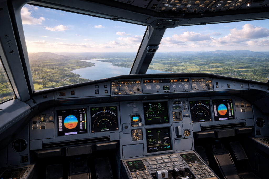 msfs-2024 Cockpit view over scenic landscape