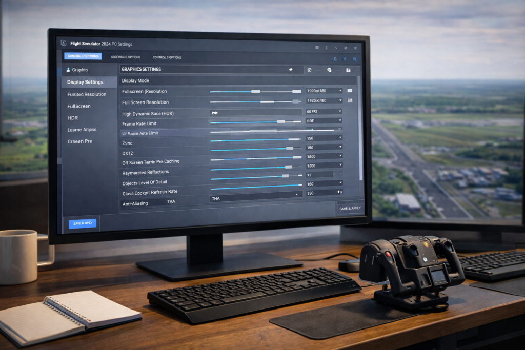 msfs-2024 Flight simulation setup with settings screen