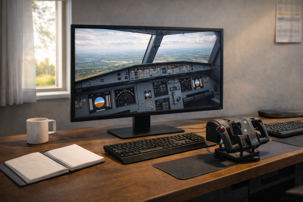 msfs-2024 Flight simulator setup in a sunny room