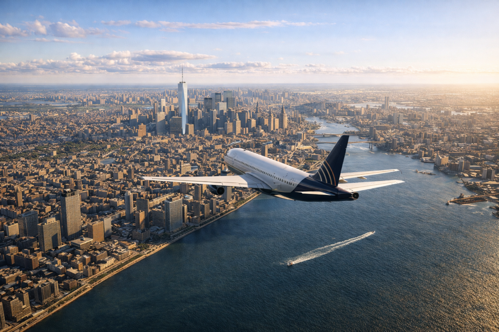 msfs-2024 Jet over New York City at sunset