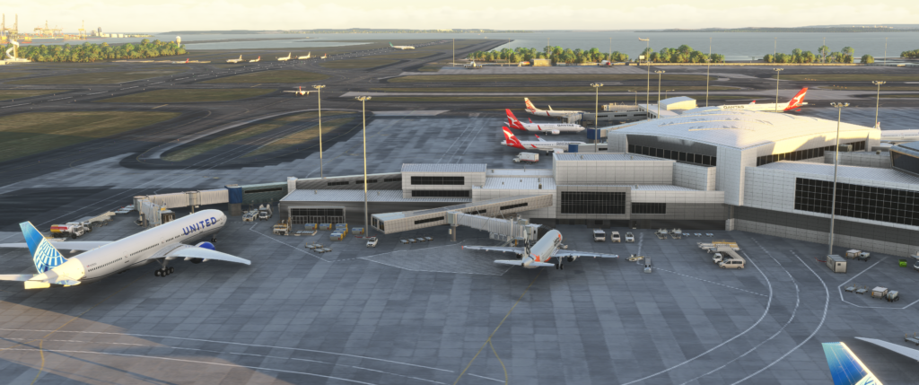Airport aircraft and terminal at Flight Simulation Showcase.