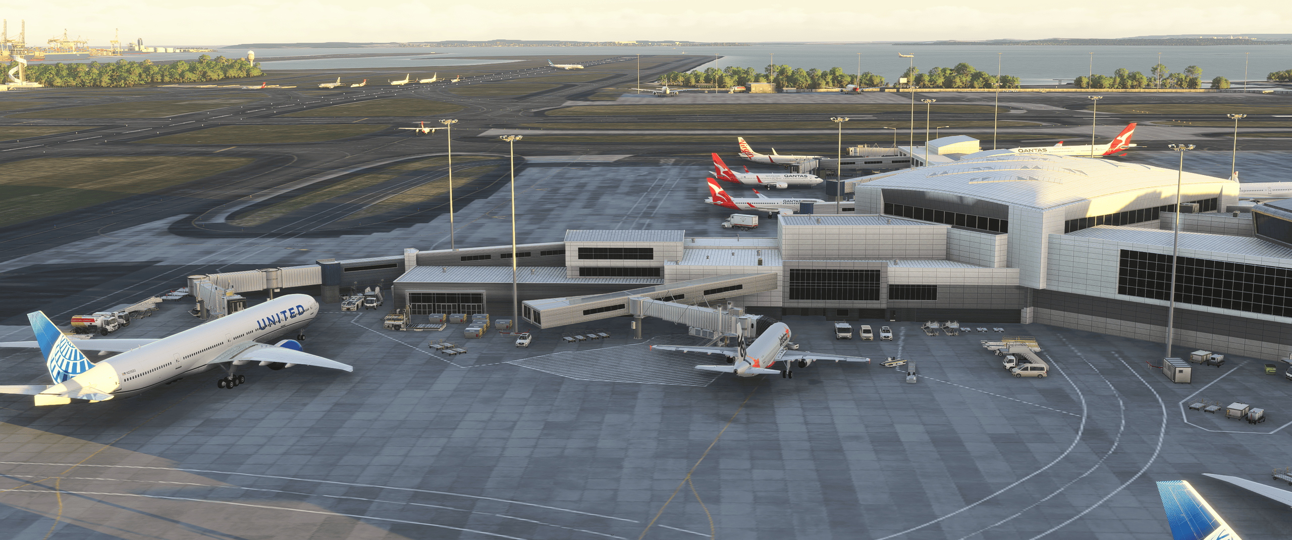 Airport aircraft and terminal at Flight Simulation Showcase.