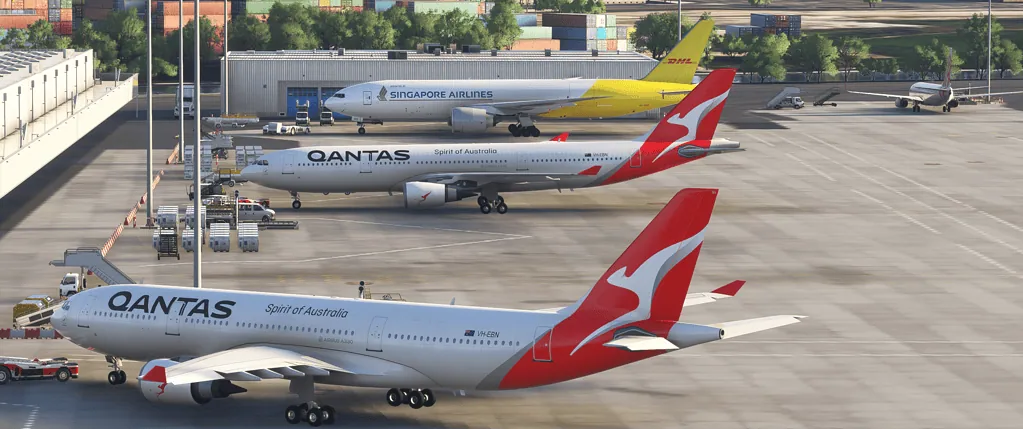 Qantas Boeing 737 aircraft parked at Singapore Airport terminal.