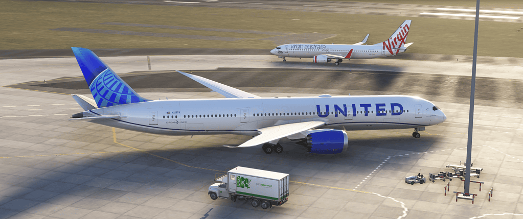 United Airlines Boeing 777 on runway with Virgin Atlantic aircraft in background.