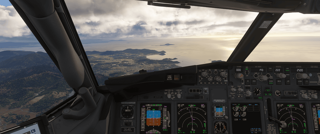 Realistic cockpit view of a flight simulator with detailed controls and instruments.