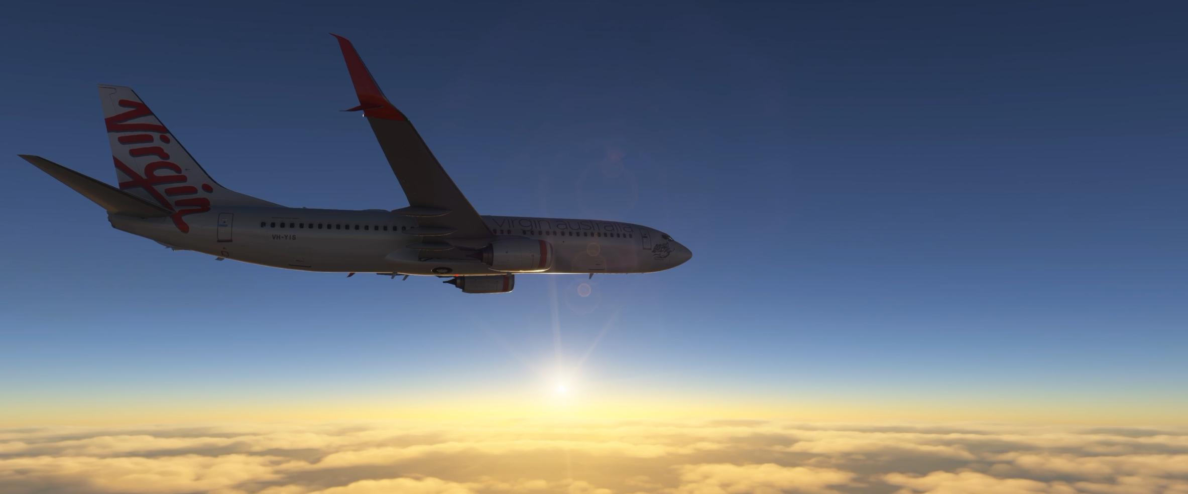 ChasePlane Cinematics Mode external aircraft view above clouds at sunrise