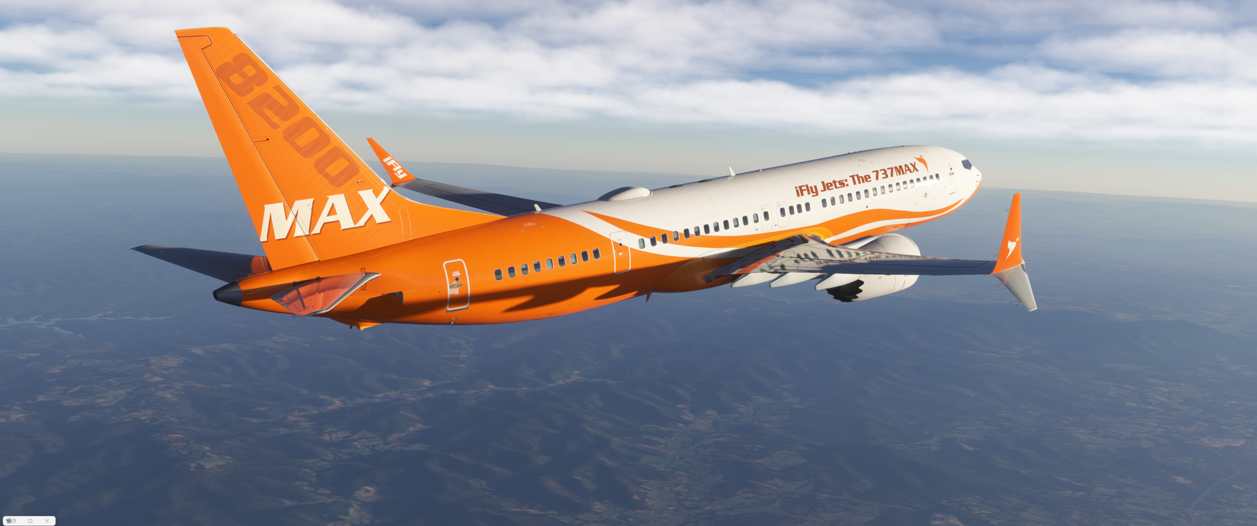 iFly 787MAX Commercial airplane flying over landscape.